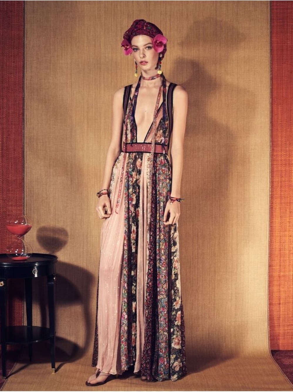 NWT Zara Floral Panel Deep V Maxi Dress - Pink & Black